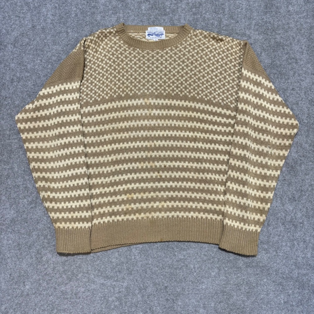 Vintage Perry Ellis America Silk Cotton Knit Sweater Tan Geometric Mens Medium